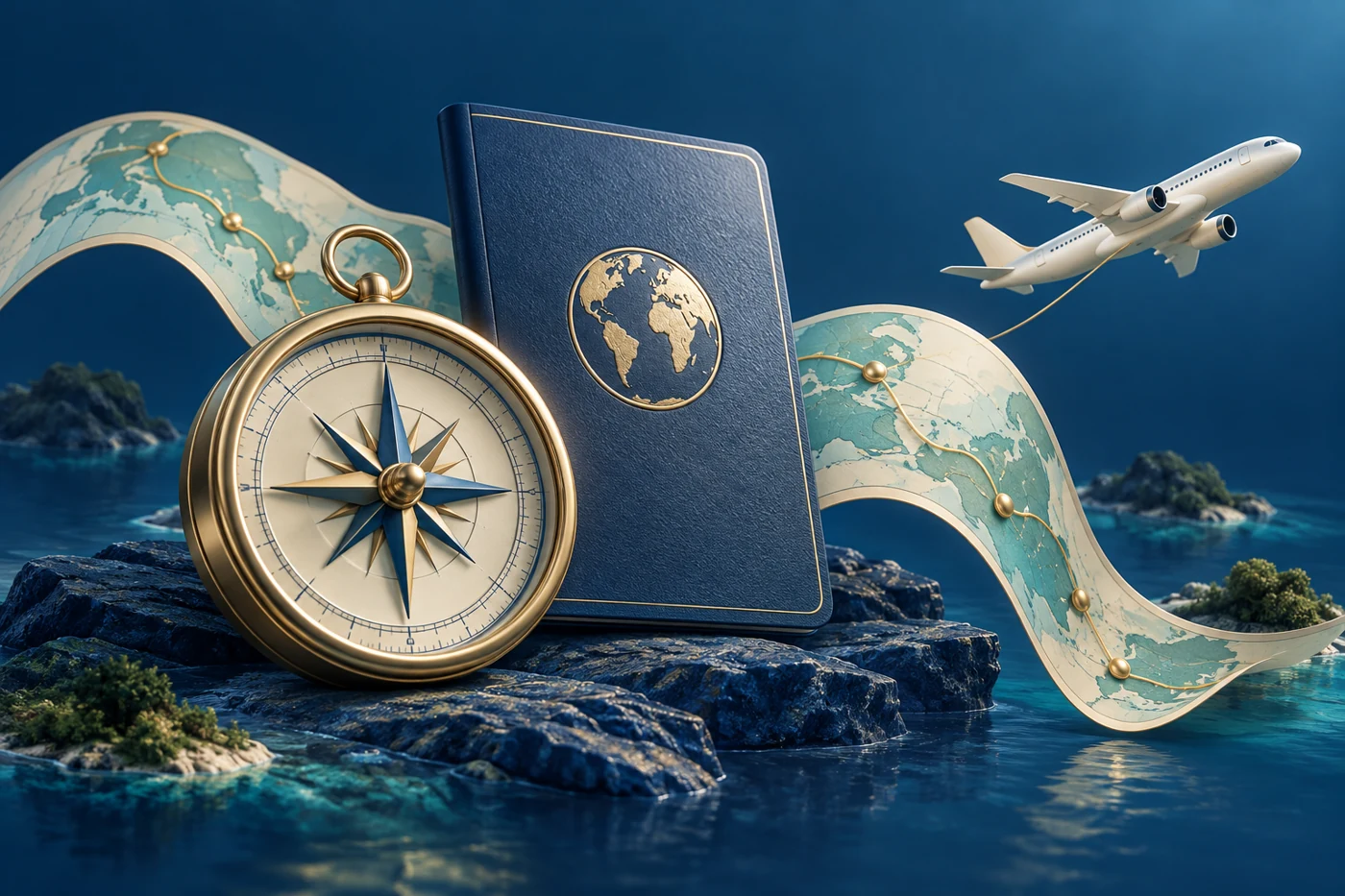 Travel concept illustration with compass, map and airplane